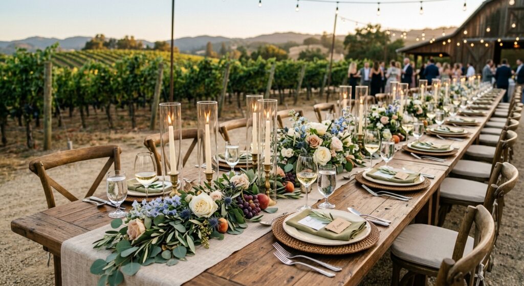 Outdoor wedding reception with long wooden farm tables set with linen runners, low floral garlands, mismatched candlestick holders, and rattan charger plates in a vineyard setting