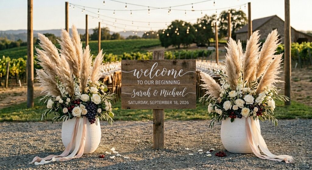 Outdoor wedding entrance with a freestanding pampas grass and linen ribbon installation flanking a hand-lettered wooden welcome sign, warm afternoon light