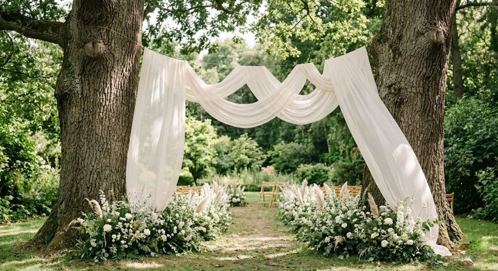 Outdoor garden wedding ceremony with lengths of sheer ivory fabric loosely draped between tree trunks, billowing gently in breeze, with ground floral arrangements below