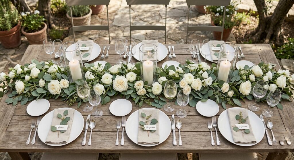 Outdoor wedding table with a low lush floral garland runner of white garden roses, eucalyptus, and ranunculus running the full length of a farm table, with hurricane candles and rattan charger plates