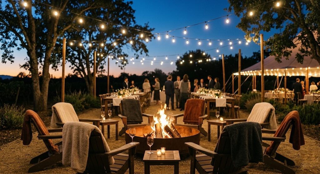 Outdoor wedding reception at dusk with a fire pit surrounded by lounge furniture and cozy throw blankets, warm flames glowing against an evening sky