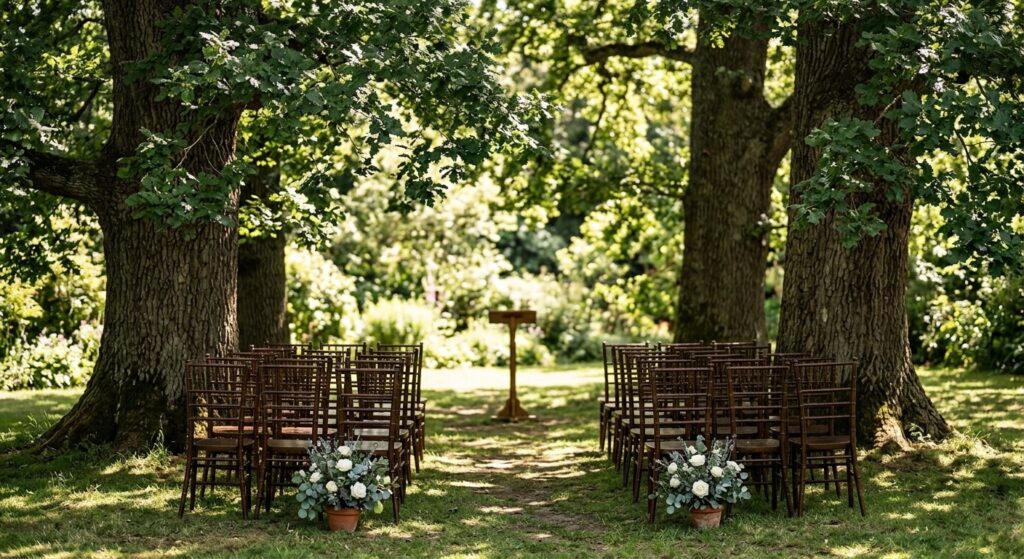 Outdoor wedding ceremony set naturally among old oak trees with minimal decor — simple wooden chairs, a small flower arrangement at the base of a tree, and natural dappled light