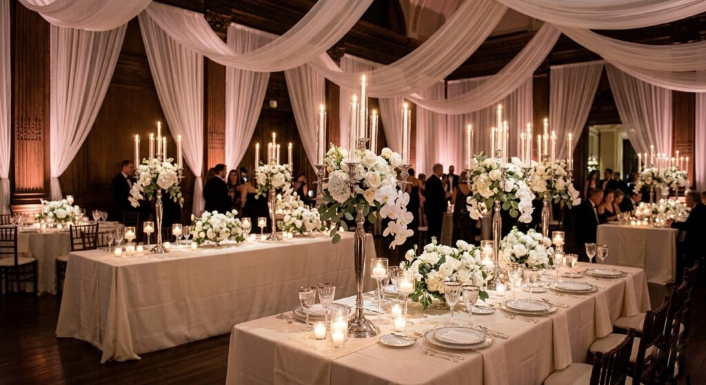 Luxurious elegant wedding reception with silver candelabras, sculptural white floral arrangements, candlelit tablescapes, and sheer draped fabric creating a refined and romantic atmosphere