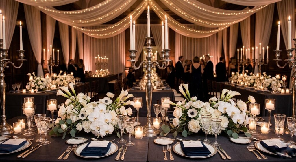 Elegant wedding reception tablescape with tall antique silver candelabras holding white taper candles, surrounded by sculptural white and ivory floral arrangements on a dark linen tablecloth