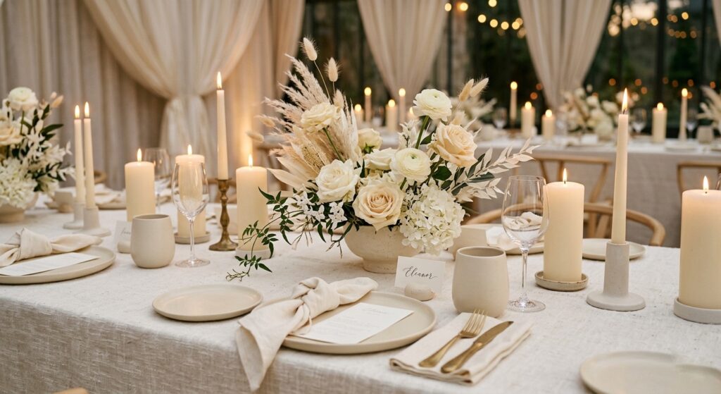 Elegant wedding table set entirely in ivory and cream tones — textured linen tablecloth, ivory napkins, white sculptural floral arrangement, cream pillar candles, and pale ceramic place settings