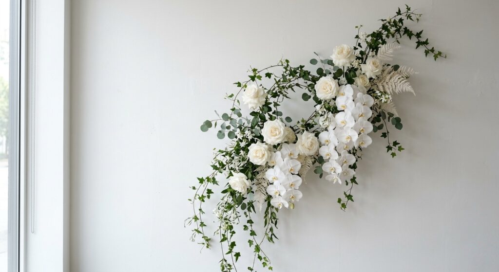 Elegant wedding ceremony with a single large sculptural white floral installation — oversized white garden roses and trailing white orchids in an asymmetric architectural arrangement — as the sole focal point against a plain white wall