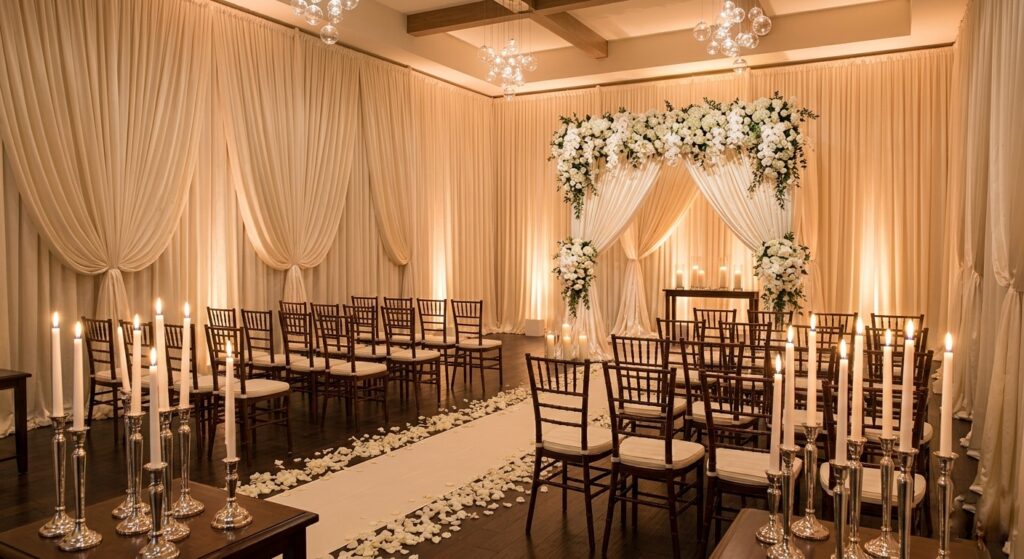 Elegant indoor wedding ceremony space with floor-to-ceiling ivory silk fabric panels softly draped against the walls, warm candlelight glowing in the foreground, creating a luxurious and intimate atmosphere