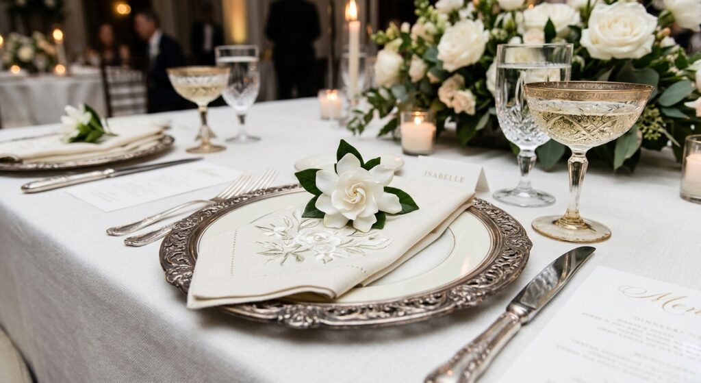 Elegant wedding place setting with antique-rimmed charger plate, linen napkin with an embroidered edge, a single white bloom, vintage silver cutlery, and crystal stemware on a white tablecloth