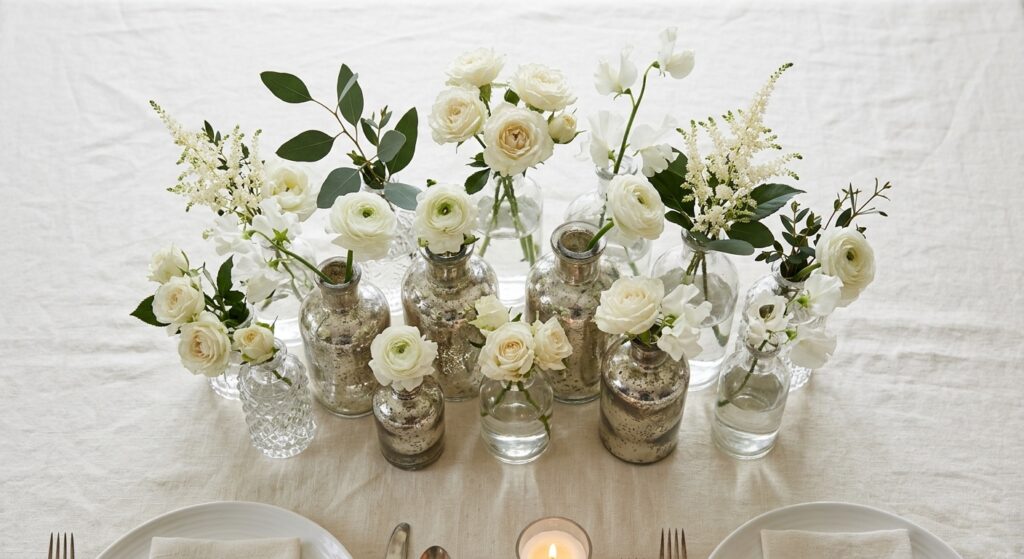 Elegant wedding table with a cluster of twelve mismatched antique glass bud vases in varying heights, each holding one or two white blooms, arranged closely together as a centerpiece on an ivory linen tablecloth