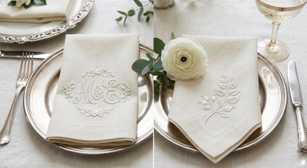 Close-up of an elegant wedding place setting featuring a cream linen napkin with a delicate hand-stitched floral or monogram embroidery detail, placed on a silver-rimmed charger plate with a single white bloom