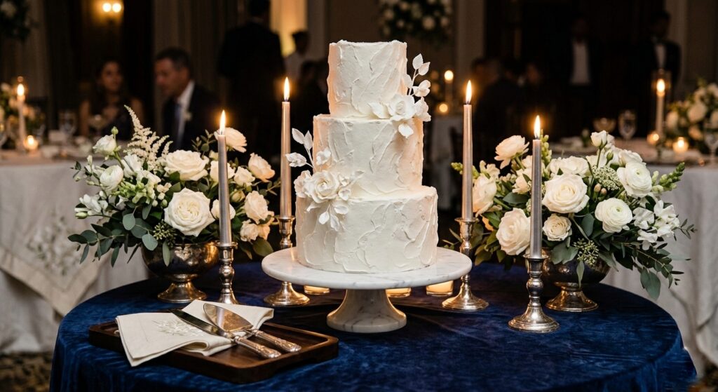 Elegant wedding cake table styled as a standalone design vignette — sculptural white buttercream cake on a marble stand, surrounded by reused ceremony florals, tapered candles in silver holders, and a velvet tablecloth, lit from below