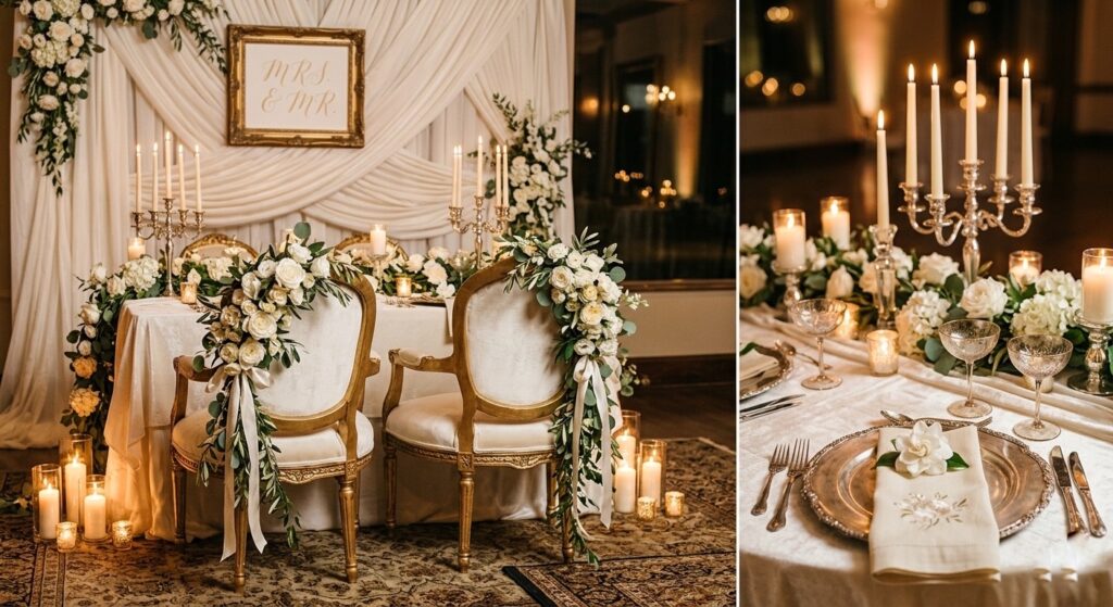 Elegant wedding sweetheart table with two ornate ghost chairs decorated with cascading white floral arrangements and ivory ribbon, set against a backdrop of soft draped fabric