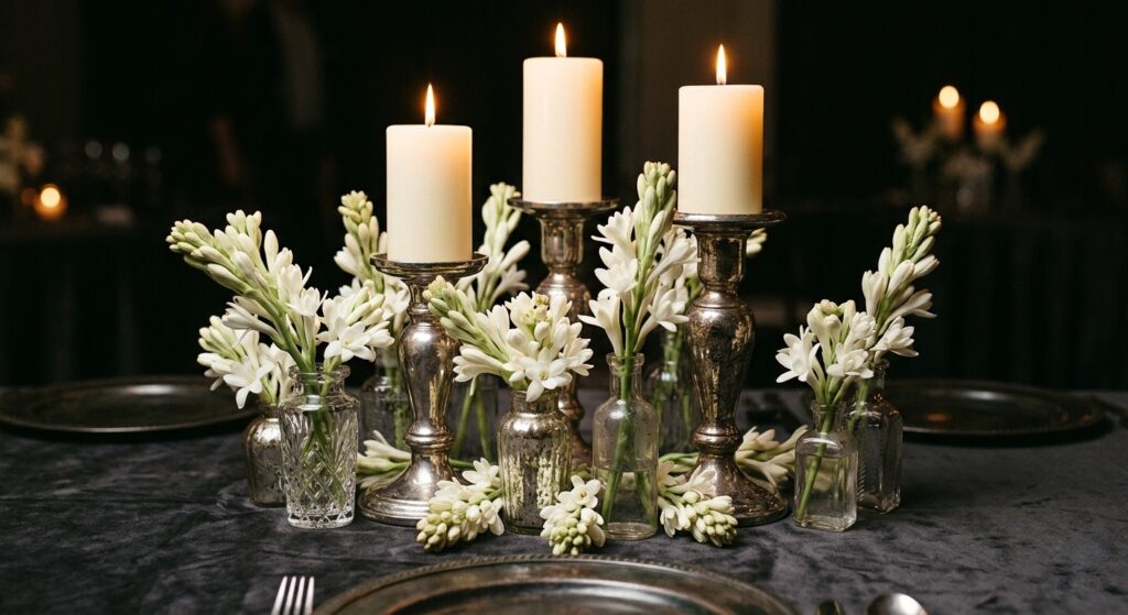 Elegant wedding reception table with large pillar candles in sculptural silver holders surrounded by sprigs of fresh white tuberose and gardenia blooms, creating both visual and olfactory luxury
