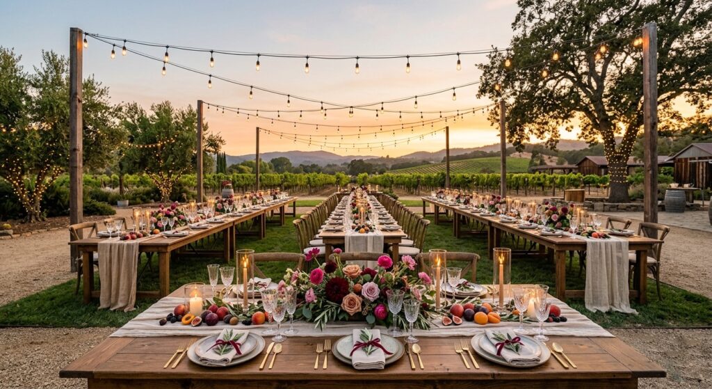 Stunning wedding reception with layered dramatic draping, a mix of warm candlelight and table lamps, lush florals in jewel tones, and a textured linen tablescape creating a theatrical and romantic atmosphere