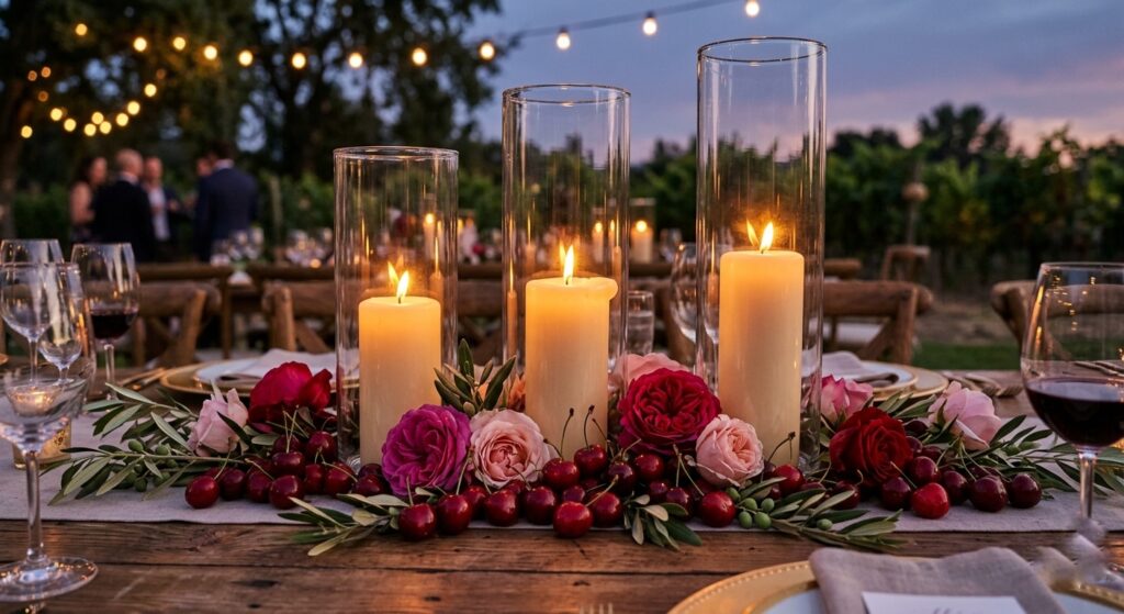 Intimate wedding reception table with a small antique-style table lamp casting a warm amber glow alongside candles and a low floral arrangement, creating a cozy dinner-party atmosphere