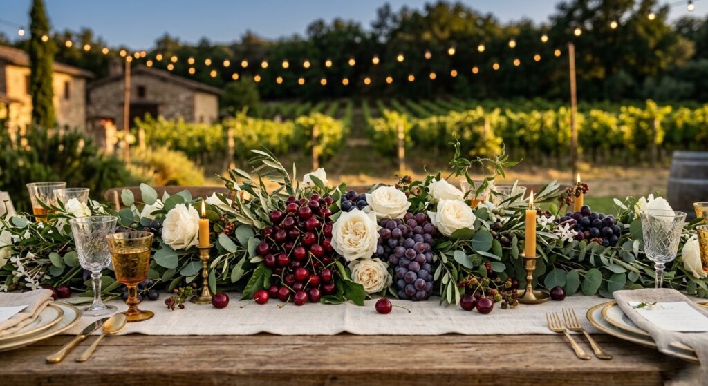  Avant-garde wedding reception table centerpiece featuring artichokes, deep purple cabbages, and white blooms arranged with dried grasses and herbs on a linen runner, creating an artistic and unexpected tablescape