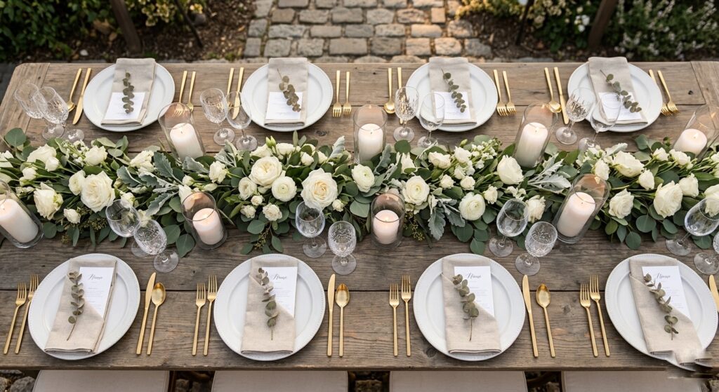 Romantic wedding table with an heirloom-style crochet lace runner down the center, paired with taper candles in brass holders, small ceramic bud vases, and soft white blooms on a wooden farm table