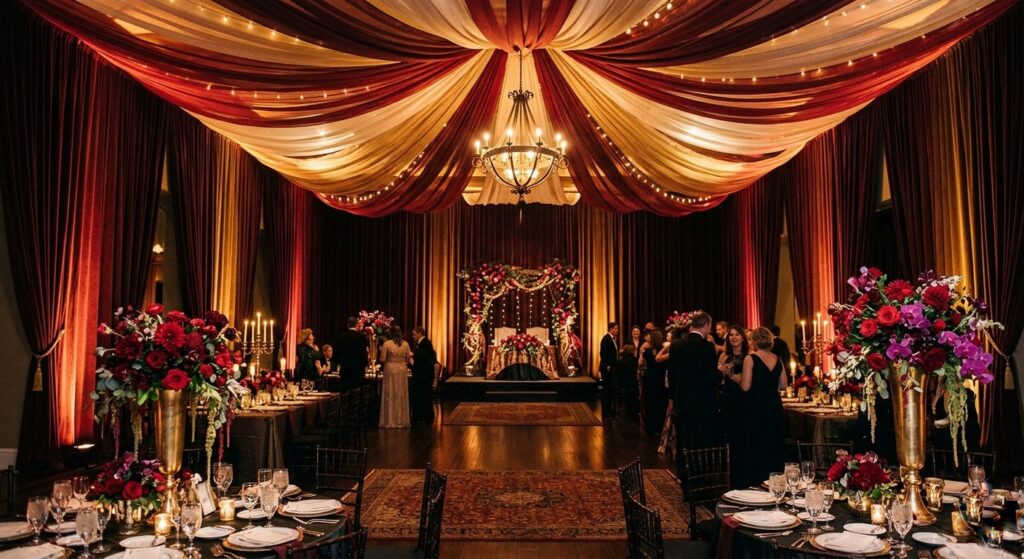  Dramatic wedding reception space with floor-to-ceiling deep velvet draping in rich burgundy, cascading ceiling fabric, warm uplighting, and abundant red floral arrangements creating an opulent theatrical atmosphere
