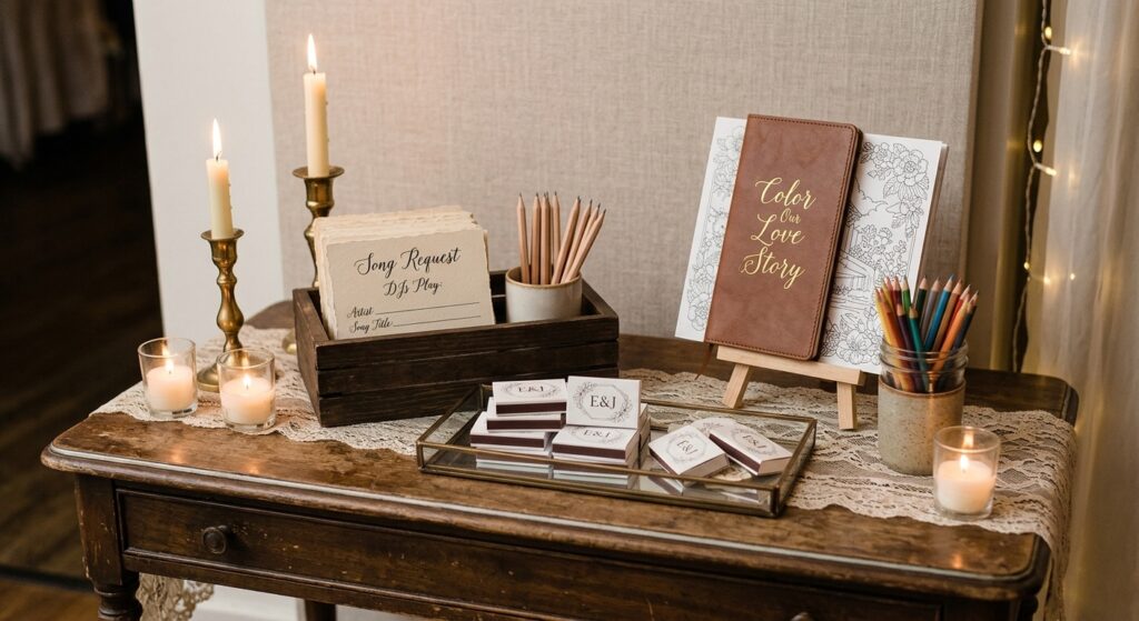 Wedding reception guest activity station with handwritten song request cards, custom matchboxes, and a wedding coloring book display styled as a decorative vignette on a vintage side table with candles