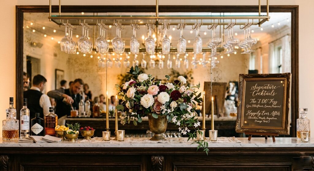 Beautifully styled wedding bar display with a mirrored back panel, hanging glassware, fresh floral arrangement, and custom hand-lettered cocktail menu sign, styled as a complete design vignette
