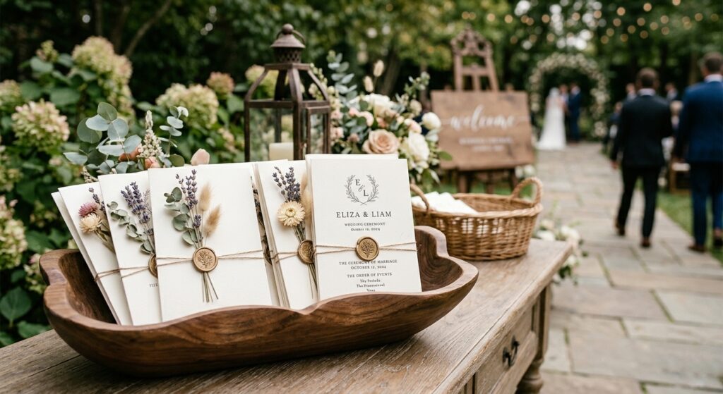 Elegant wedding ceremony programs printed on heavyweight cream card stock with a hand-tied dried floral sprig and a wax seal, displayed in a sculptural wooden holder at the ceremony entrance