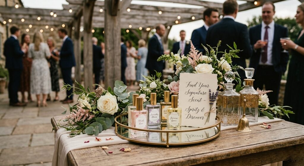Styled wedding perfume station with several glass fragrance bottles on a mirrored tray, fresh florals, and a hand-lettered card inviting guests to find their signature scent, set up as a cocktail hour vignette