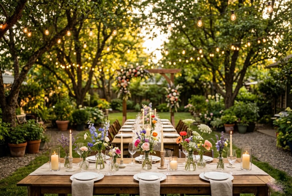 Romantic at-home backyard wedding with string lights, wooden arch, and linen-draped tables at golden hour
