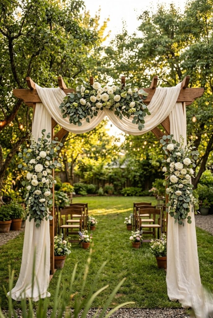 Linen-draped home pergola used as wedding ceremony arch with hanging eucalyptus and white florals