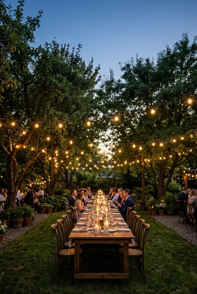 Warm Edison string lights draped between trees over outdoor wedding reception tables at dusk