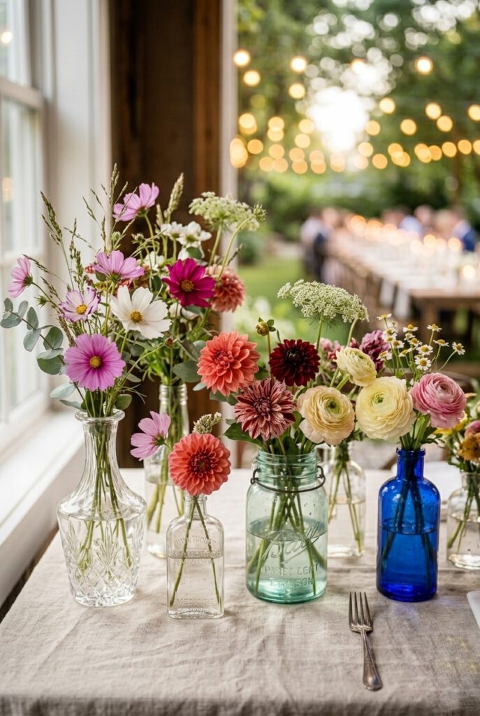 Mismatched vintage vases with wildflower arrangements as wedding table centerpieces at a home reception