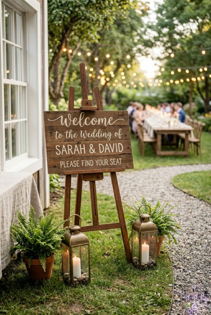 Elegant wooden wedding welcome sign on easel flanked by lanterns and white florals at home entrance