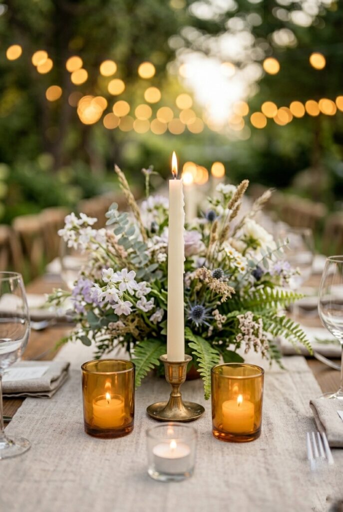 Wedding reception table with layered candles — tall taper, votives, and tea lights — alongside wildflower arrangement