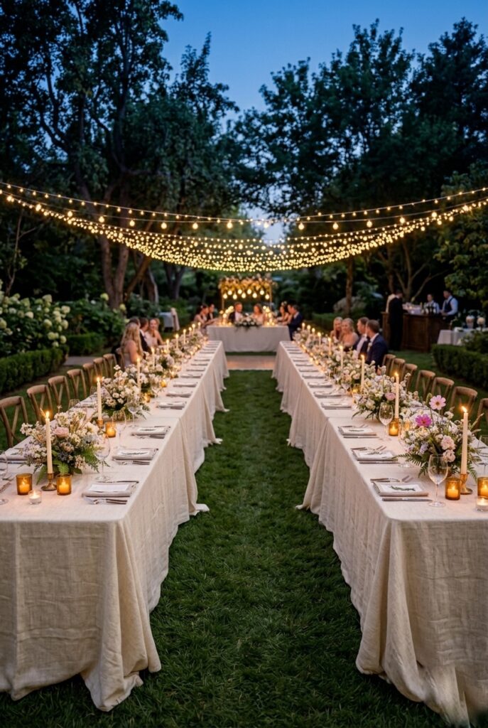 Ivory linen floor-length tablecloths on outdoor wedding reception tables with floral centerpieces and candles