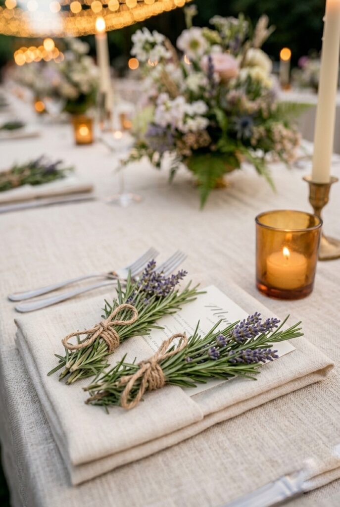 Small rosemary and lavender herb bundles used as wedding table decor with candles and linen napkins