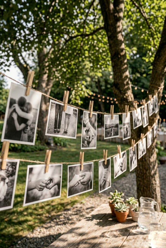 Outdoor wedding photo display with couple and family photos clipped to jute twine between trees