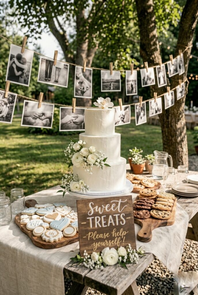 Styled wedding dessert table with tiered cake, wooden boards, small floral arrangement, and hand-lettered sign