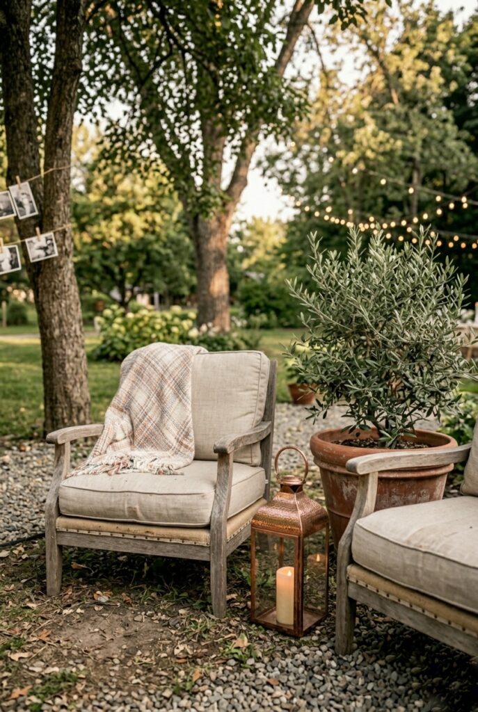 Cozy outdoor wedding lounge corner with two chairs, throw blanket, lantern, and potted greenery
