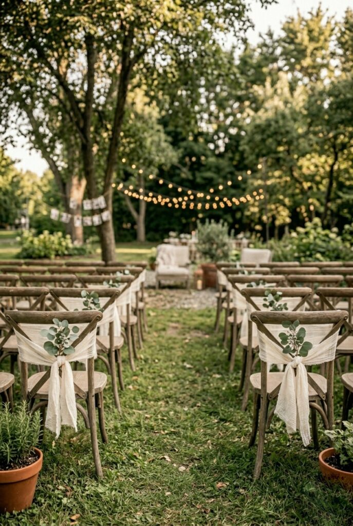 Wedding ceremony chairs with loose ribbon knots and single eucalyptus sprigs as aisle markers outdoors
