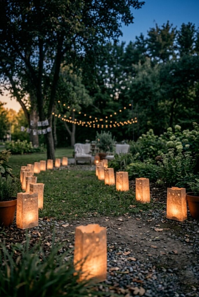 Paper bag luminaries lining the pathway to an outdoor home wedding ceremony at twilight