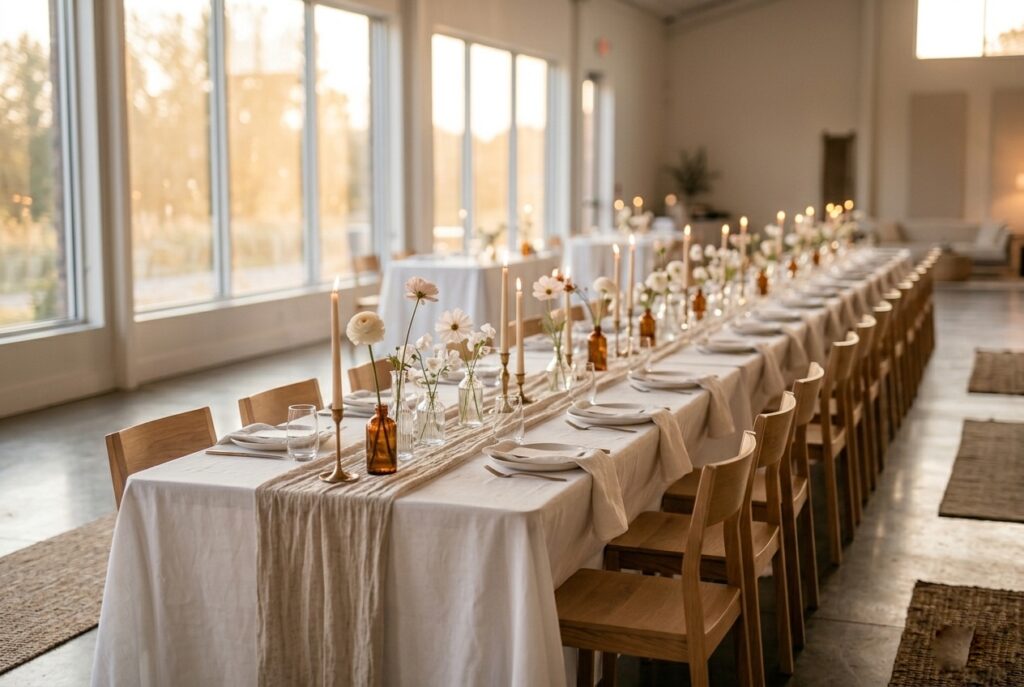  Minimalist wedding reception with white linen tablecloths, single stem flower bud vases, and warm candlelight in a softly lit venue
