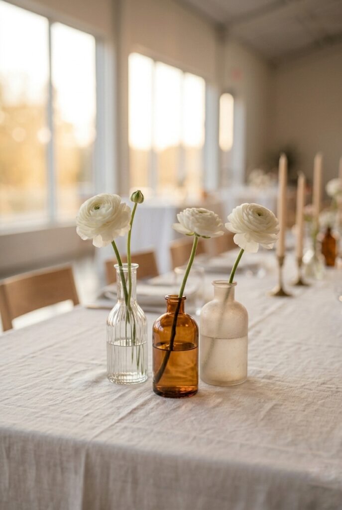 Simple wedding table centerpiece with mismatched bud vases holding single white ranunculus stems on ivory linen tablecloth