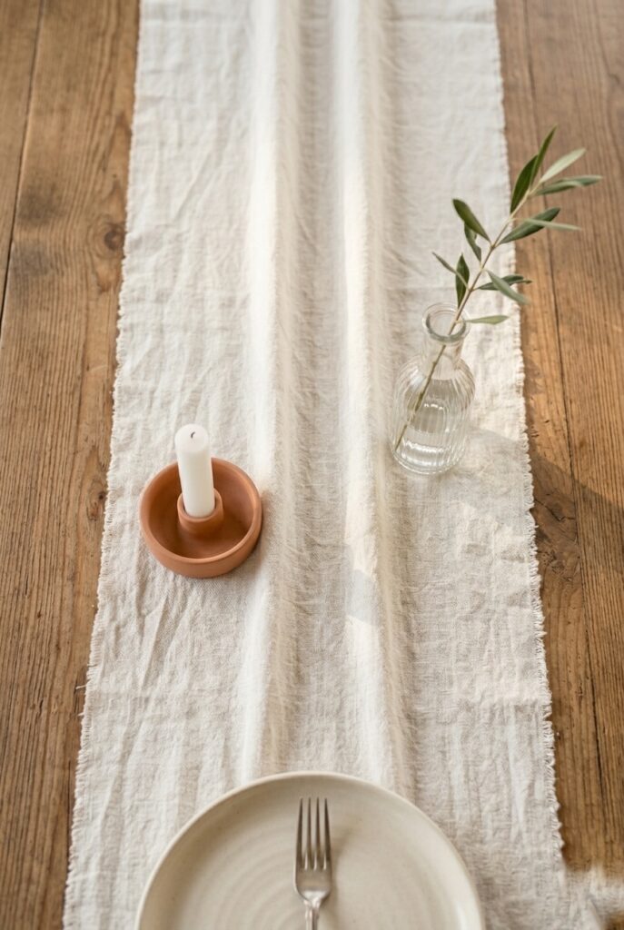 Raw edge linen table runner in ivory on a wooden wedding reception table with candles and small floral stems