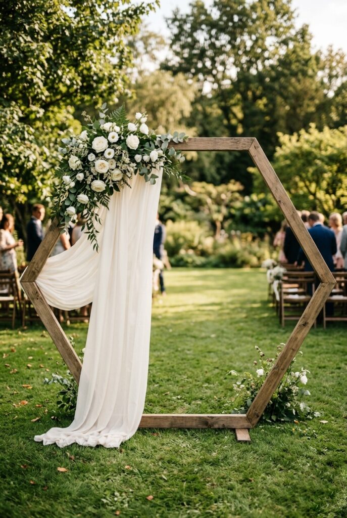 Simple wooden hexagon wedding arch with single loose fabric drape and small white floral cluster at one corner, outdoor ceremony space