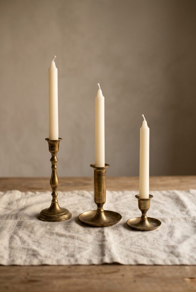 Three ivory taper candles in brass holders at different as a simple wedding table centerpiece on linen runner