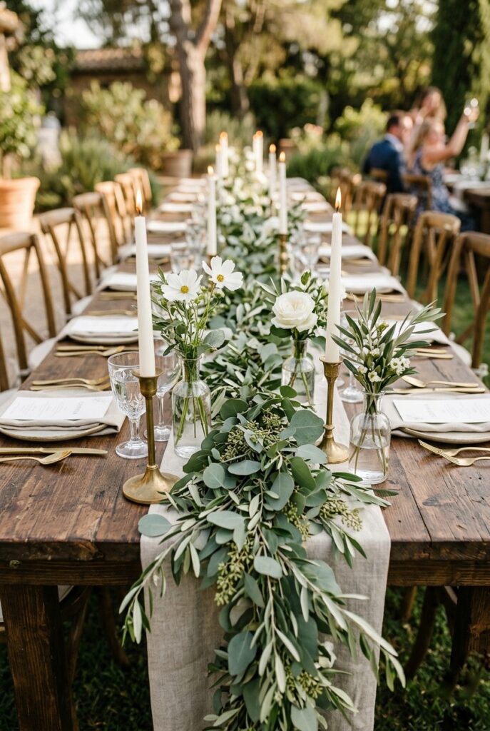 Loose eucalyptus and olive branch garland running down a wooden long wedding table with white taper candles and bud vases