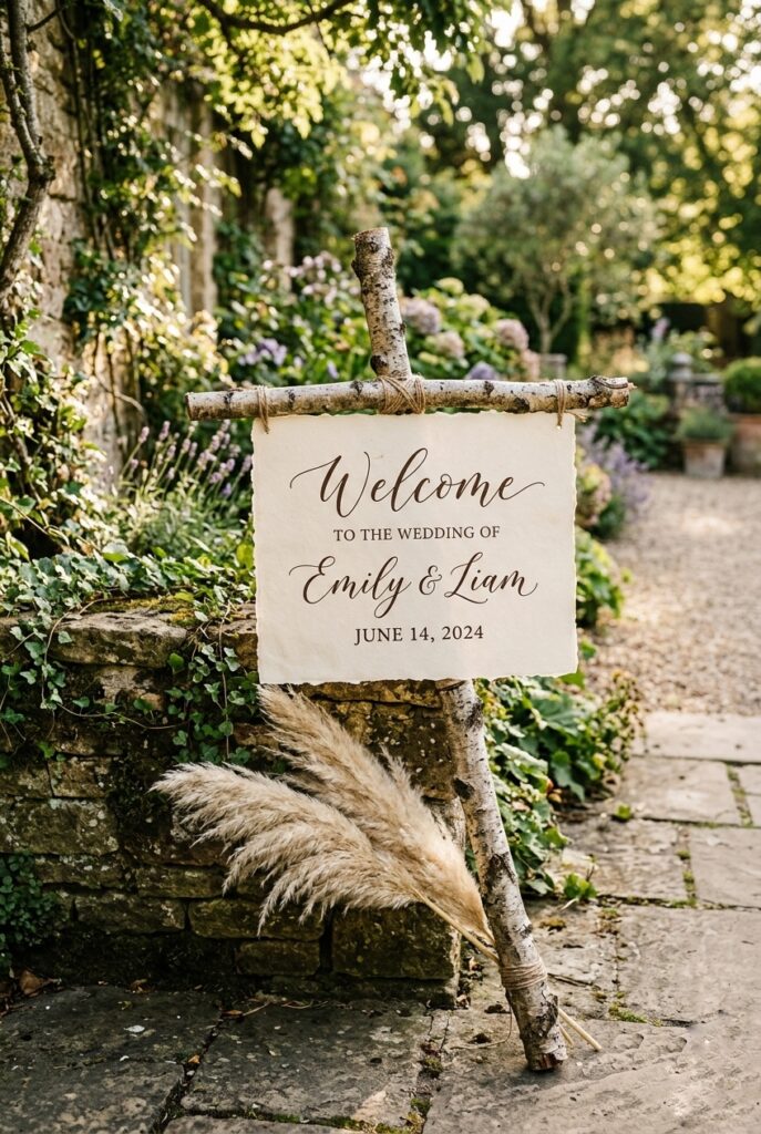 Hand-lettered wedding welcome sign tied to a natural birch branch with dried pampas grass accent, leaned against an outdoor tree