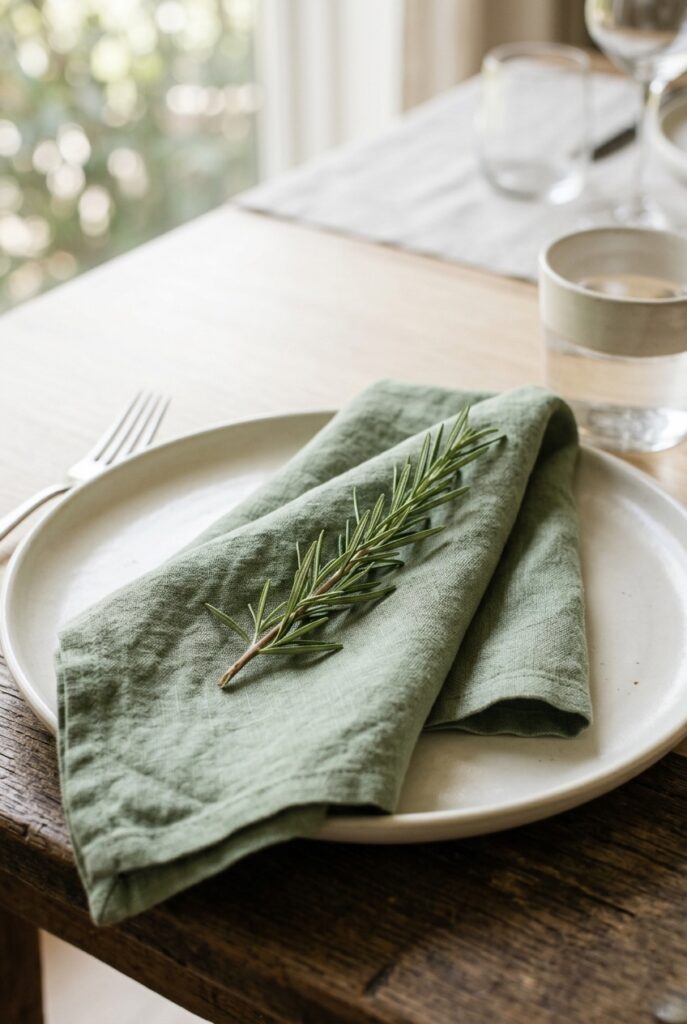 Sage green linen napkin loosely twisted with a single sprig of rosemary on an ivory wedding place setting