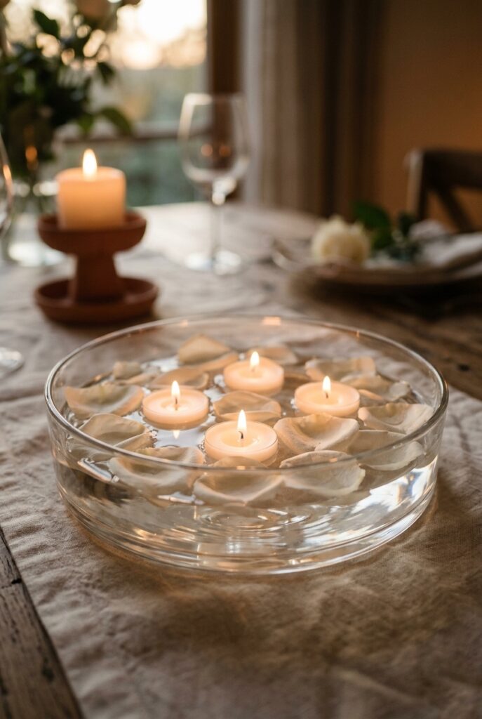 Low clear glass bowl with three floating candles and white rose petals on a wedding reception table at dusk