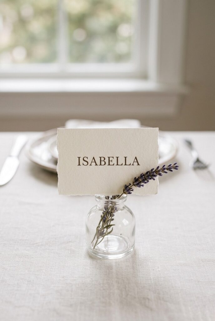 Simple wedding place card with elegant font propped against a small bud vase with a dried lavender sprig on ivory linen