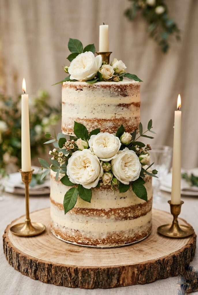 Two-tier naked wedding cake with fresh white florals between layers on a wooden board, flanked by two ivory taper candles